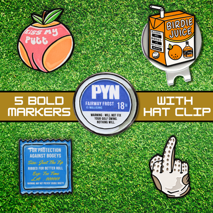 Golf Ball Marker Set - 5 Magnetic Golf Ball Markers with Hat Clip (Explicit)